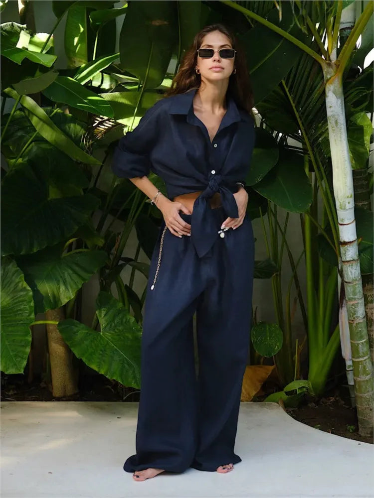 Women’s Cotton Shirt & Wide-Leg Pants Set – Casual Office Style for Spring/Summer