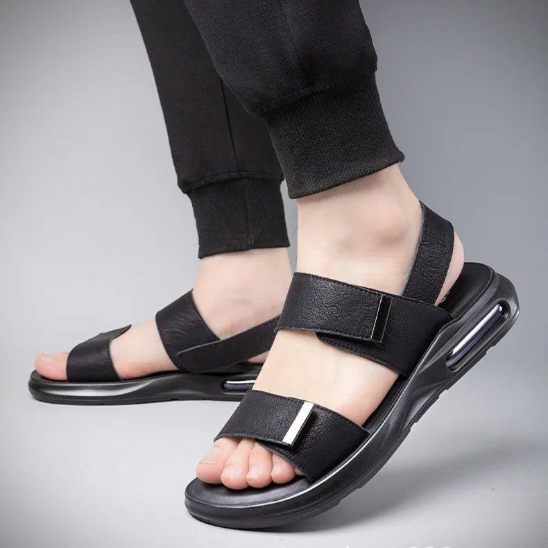 Men’s Summer Leather Sandals – Casual Beach Shoes with Hook & Loop Strap