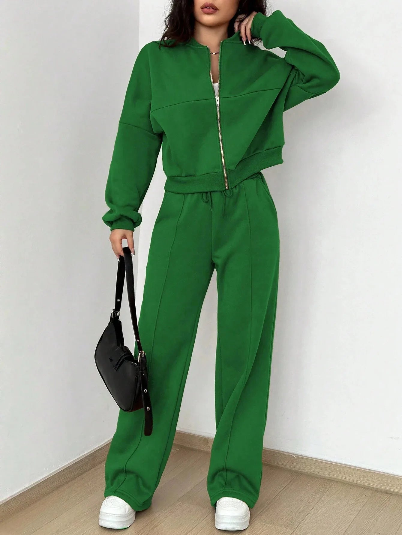 Women’s Casual Matching Tracksuit Set – Zipper Cardigan & Wide-Leg Drawstring Pants