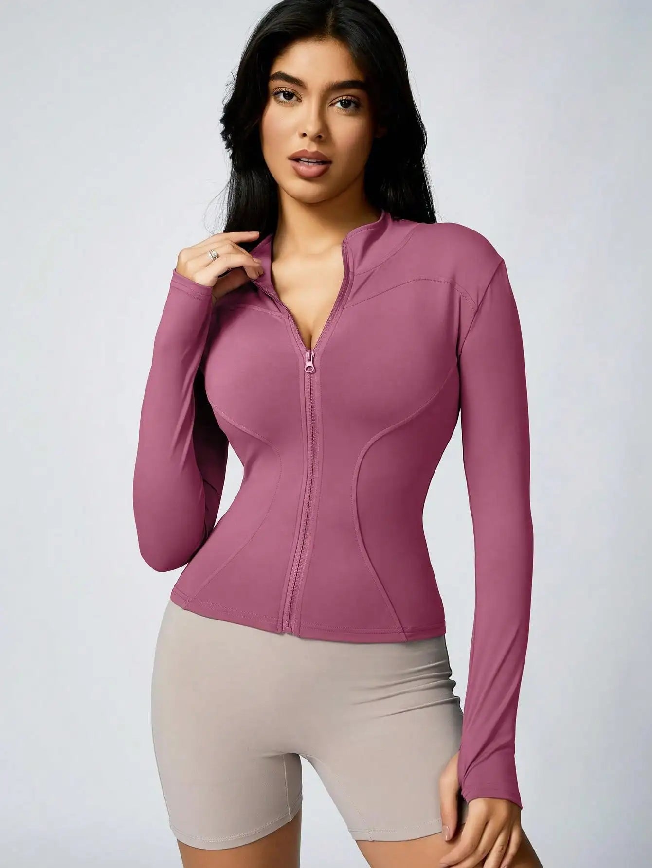 Women’s Zip-Up Sports Jacket – Slim Fit Turtleneck Long Sleeve Activewear Top