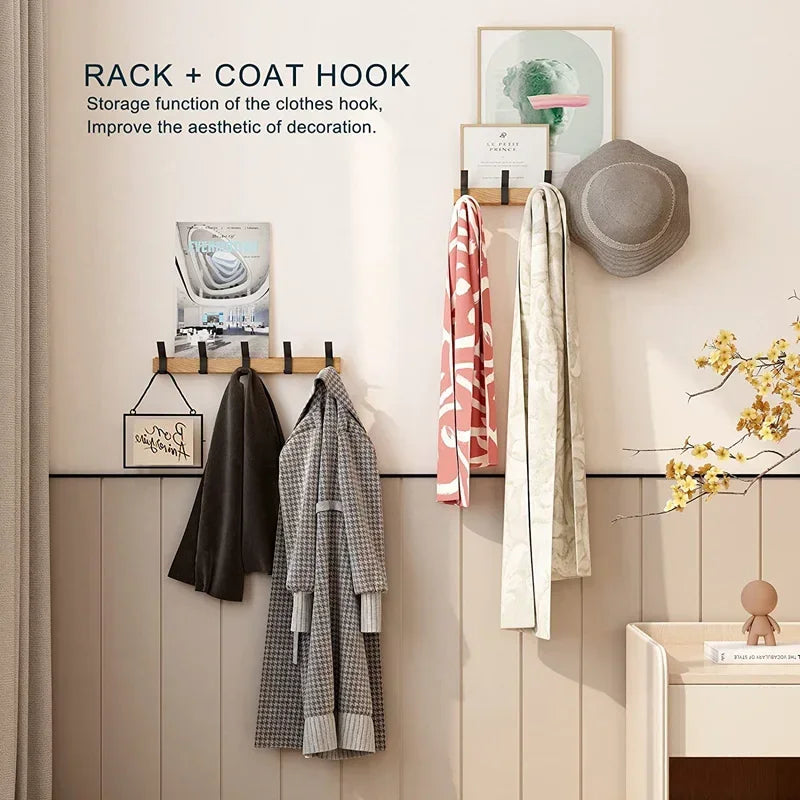Nordic Wall Mounted Wooden Coat Rack with 5 Movable Hooks Ideal for Coats