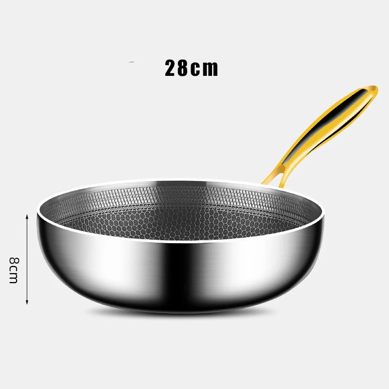 Stainless steel frying pan with gold handle and measurements on a white background
