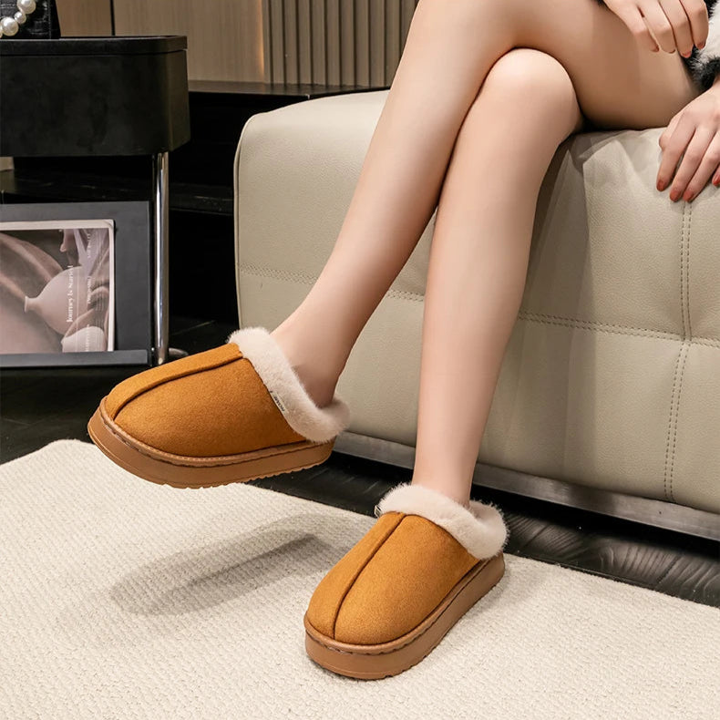 Winter Indoor Slippers Thick Sole Faux Suede Anti-Slip House Shoes Plush Lining
