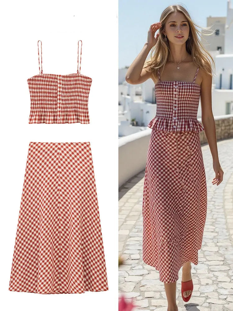 Women’s Summer Plaid Two-Piece Set – Strapless Button Crop Top & A-Line Skirt