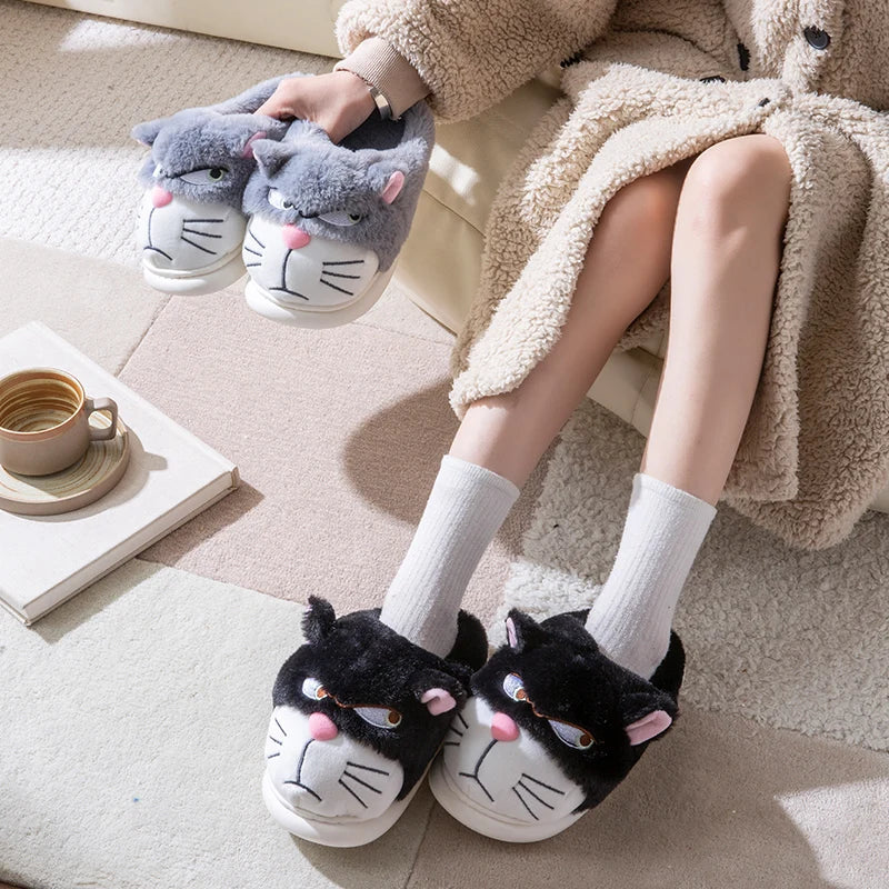Women's Cat Plush Winter Slippers Indoor Furry House Shoes with Embroidered Face