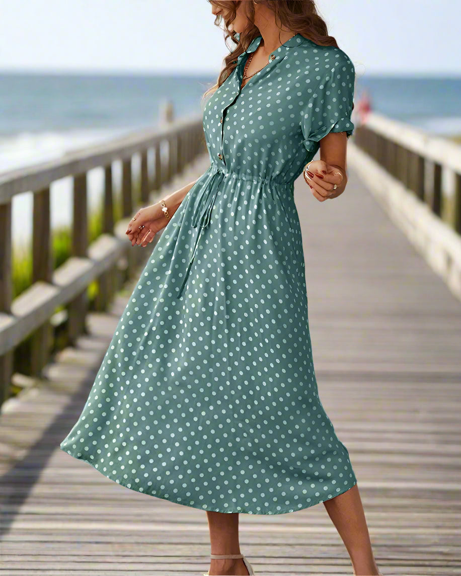 Polka Dot Print Button-Up Midi Shirt Dress – Summer Loose Boho Women Beach Dress