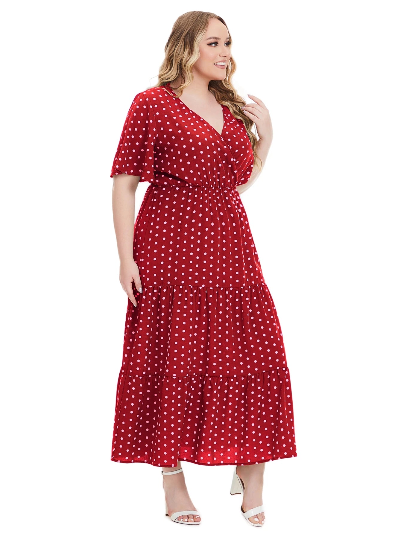 Plus Size Polka Dot V-Neck Boho Maxi Dress