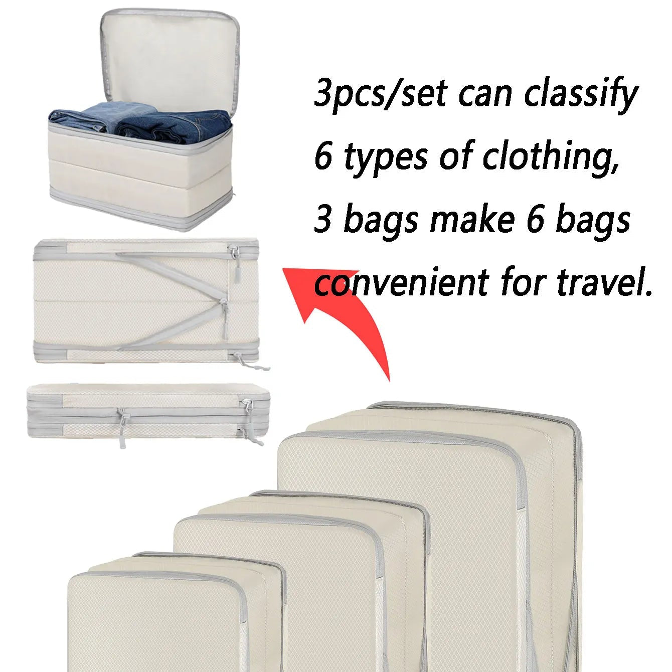 A set of four beige travel packing cubes of various sizes with zipper closure, alongside a portable handbag. The cubes are shown in different configurations to demonstrate their expandable and compressible features.