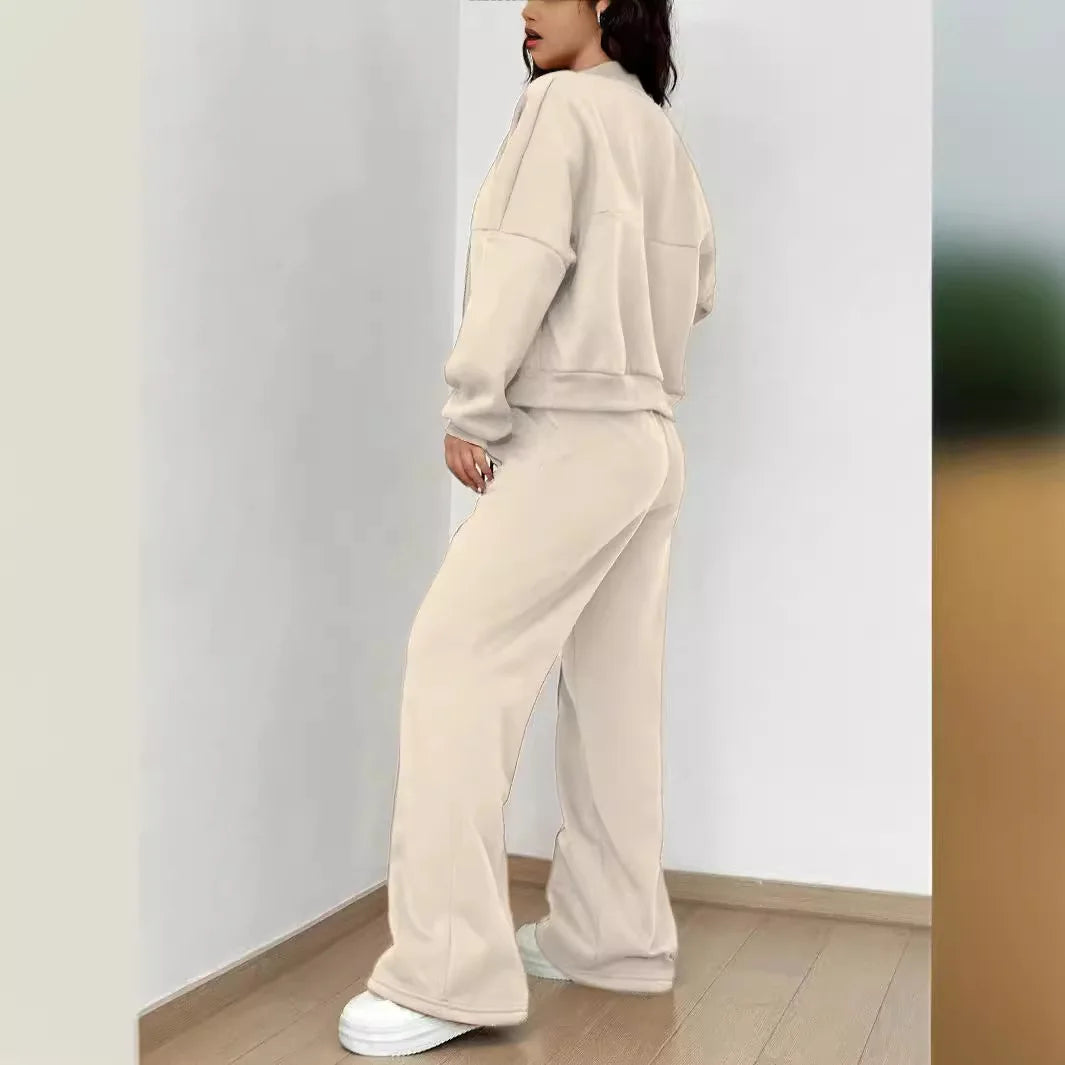 Women’s Casual Matching Tracksuit Set – Zipper Cardigan & Wide-Leg Drawstring Pants