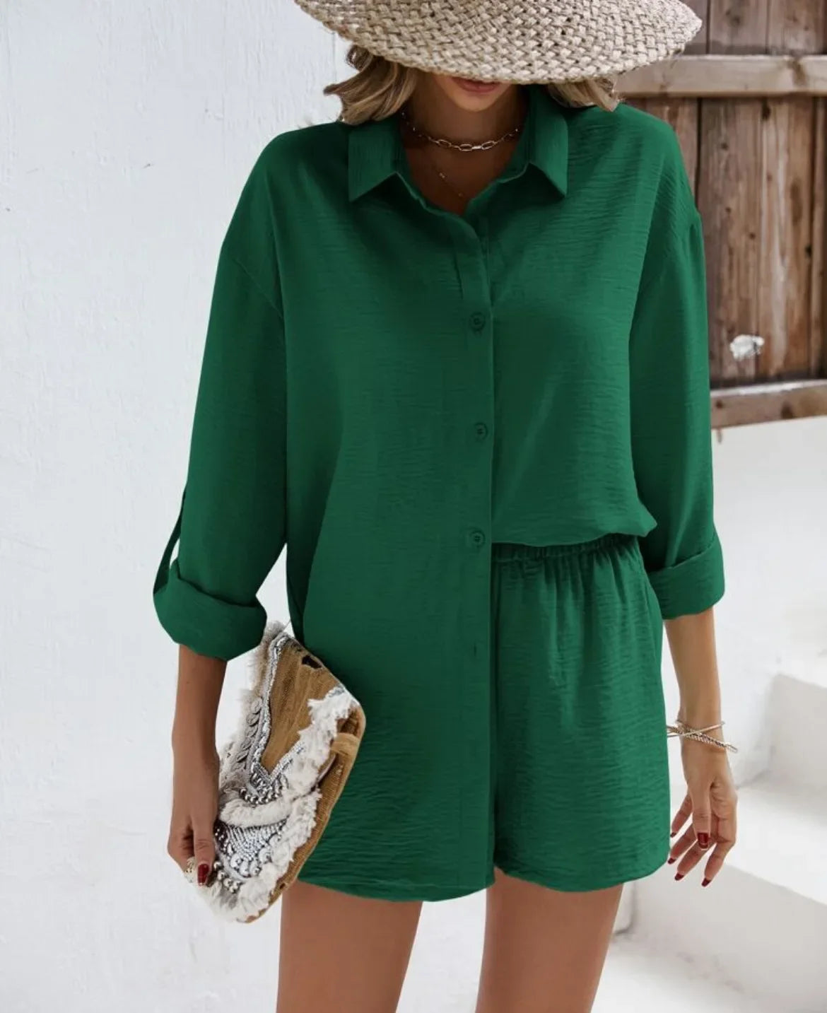 Spring Shirt and Shorts Set – Solid Colour Lapel Top with High-Waist Elastic Shorts