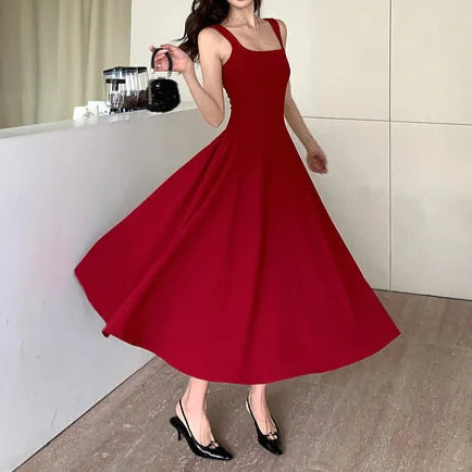 Women's A-Line Midi Dress – Vintage Square Collar, Sleeveless Party Dress