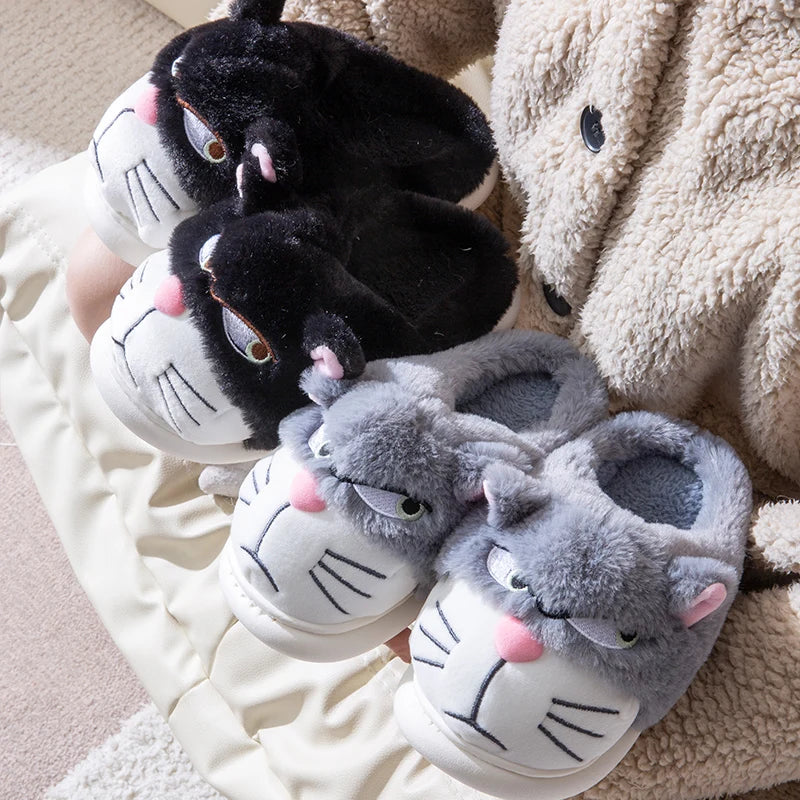 Women's Cat Plush Winter Slippers Indoor Furry House Shoes with Embroidered Face