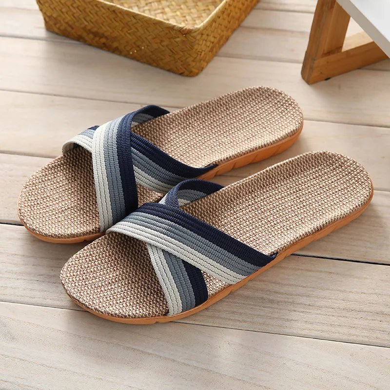 Summer Men’s Flax Slippers – Retro Cross-Strap Linen Indoor & Beach Slides