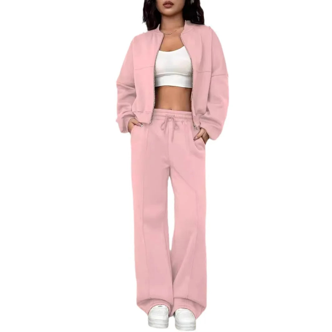 Women’s Casual Matching Tracksuit Set – Zipper Cardigan & Wide-Leg Drawstring Pants
