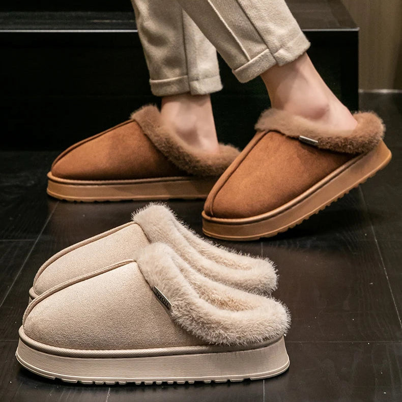 Winter Indoor Slippers Thick Sole Faux Suede Anti-Slip House Shoes Plush Lining