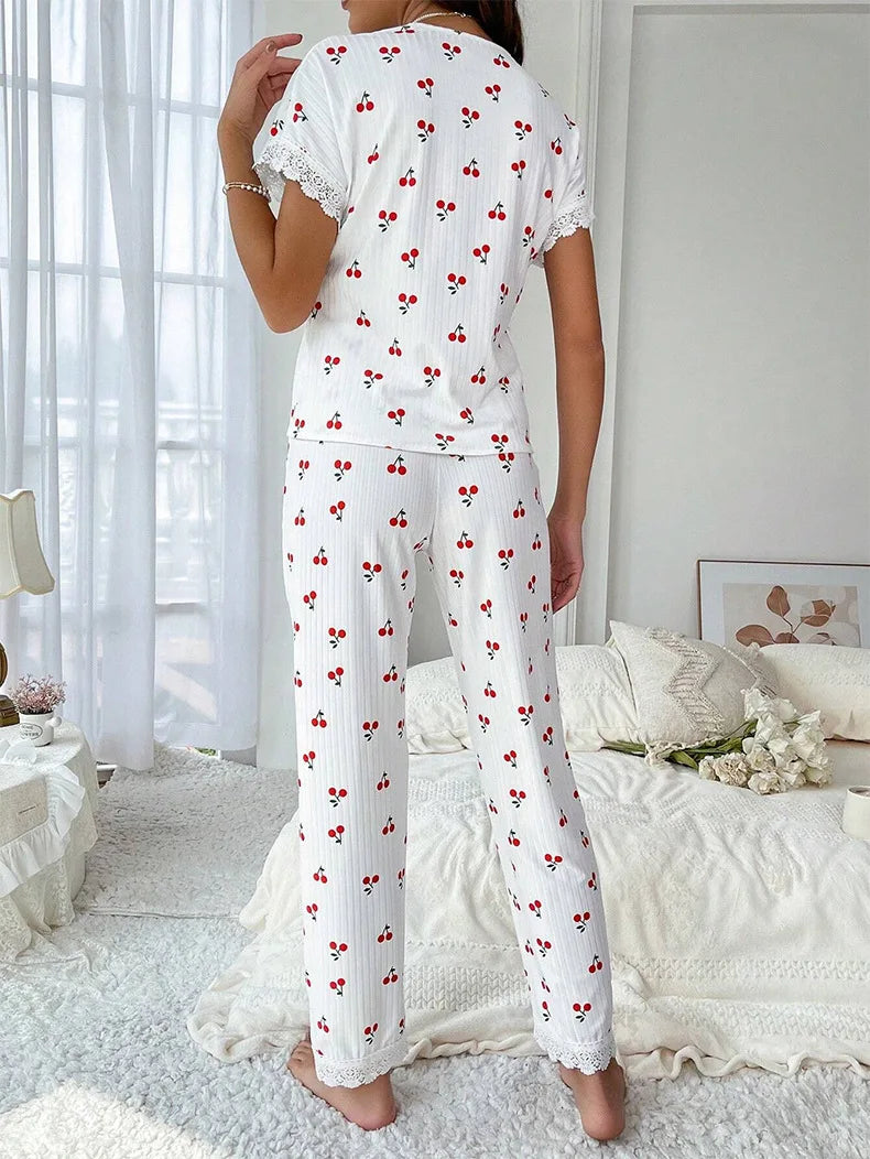 Cherry Print Lace Patchwork Pyjama Set – Cute 2PCS Summer Loungewear Set