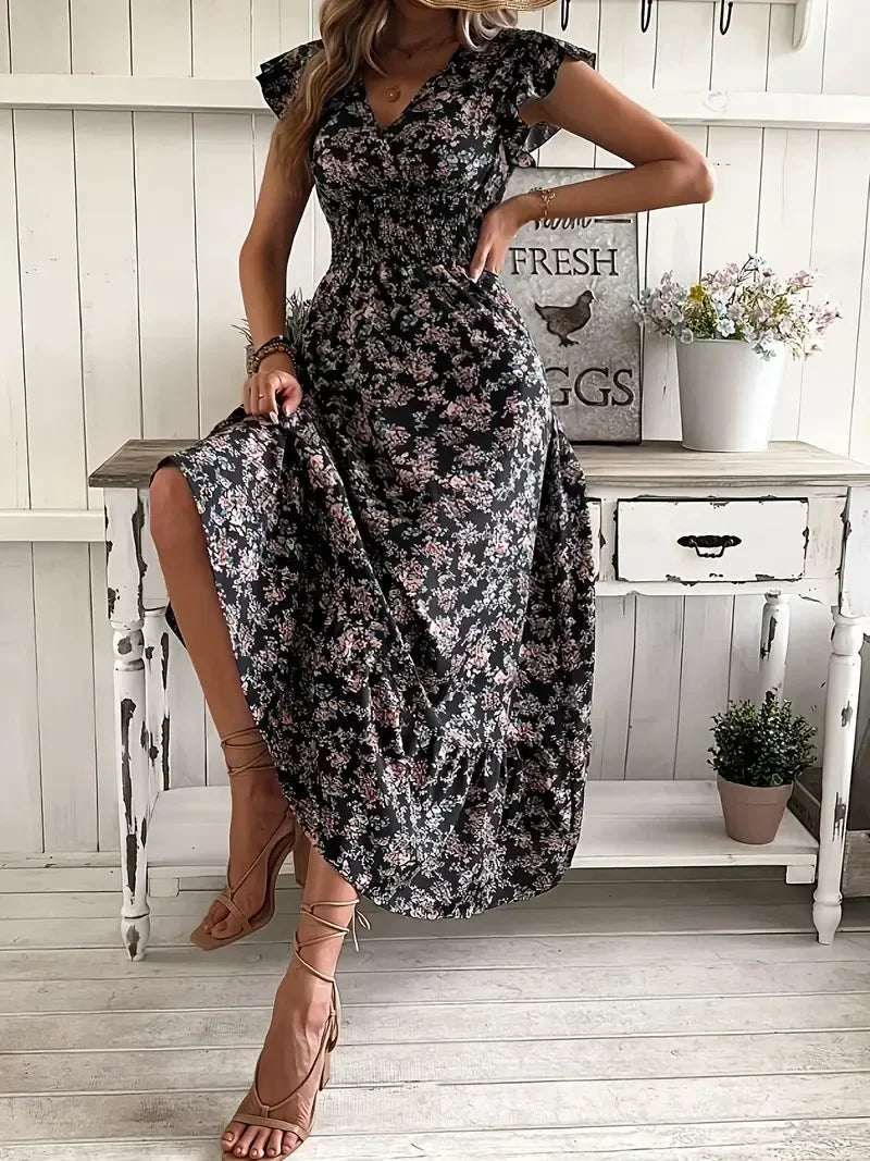 Plus Size Floral Maxi Dress for Women – V-Neck Ruffle Sleeve Summer Dress