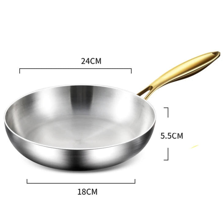 Stainless steel frying pan with gold handle and dimensions labeled on a white background