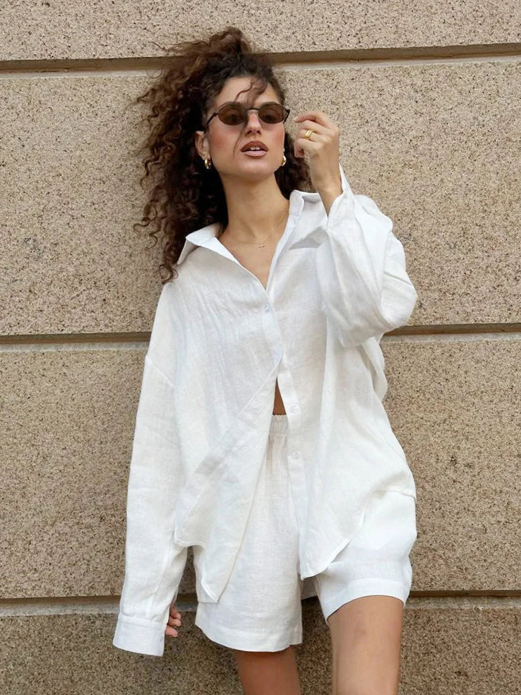 Women’s Cotton Shirt & Shorts Set – Lightweight Casual 2-Piece Summer Outfit
