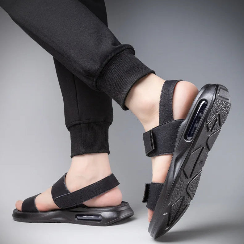 Men’s Summer Leather Sandals – Casual Beach Shoes with Hook & Loop Strap