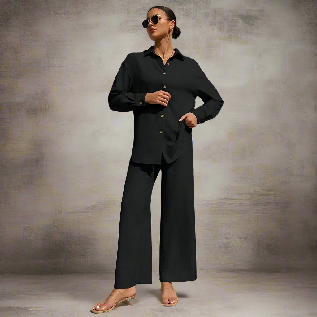 Women's 2-Piece Outfit – Lapel Shirt and Wide-Leg Trousers in a Modern Relaxed Fit