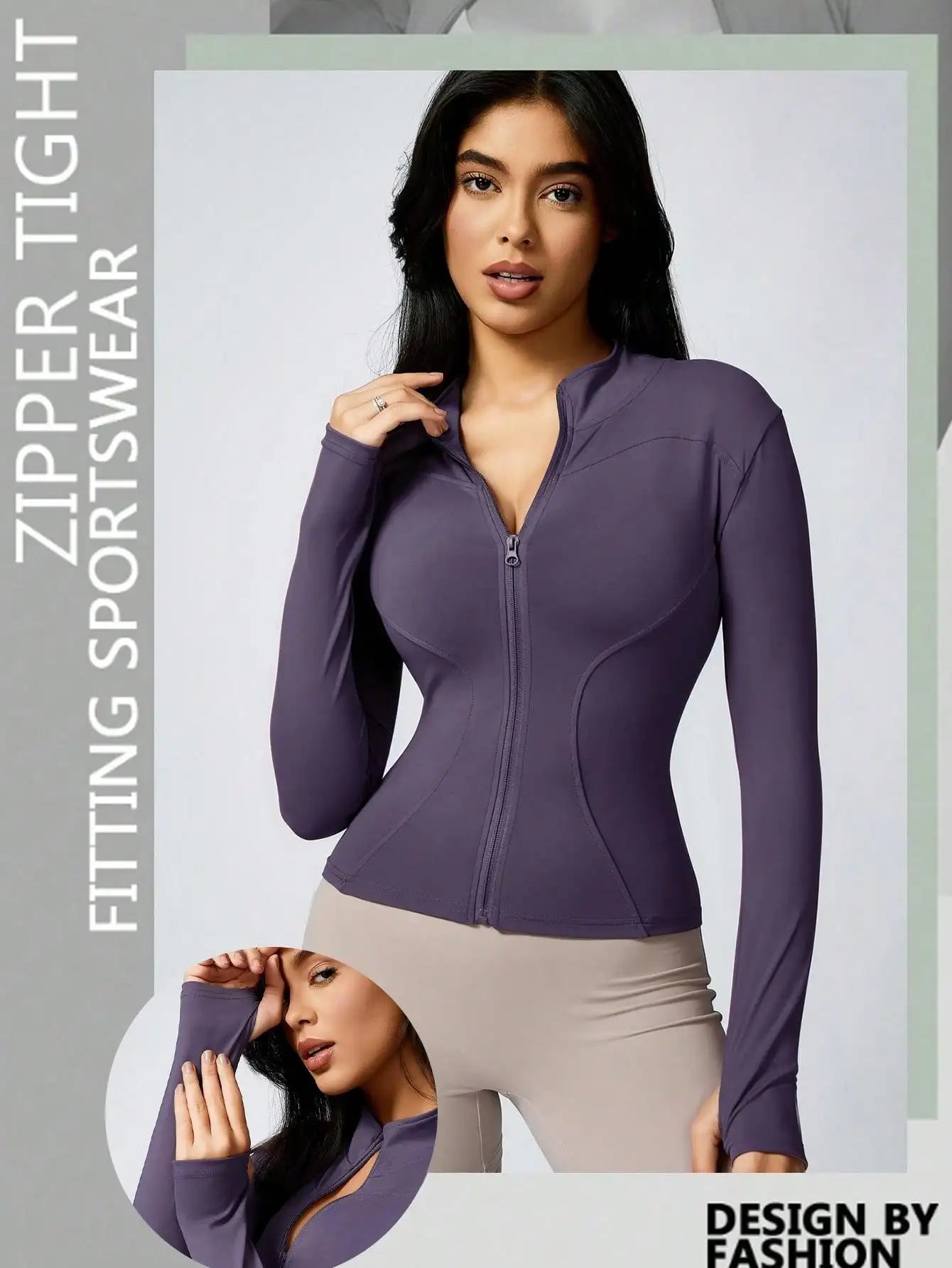 Women’s Zip-Up Sports Jacket – Slim Fit Turtleneck Long Sleeve Activewear Top
