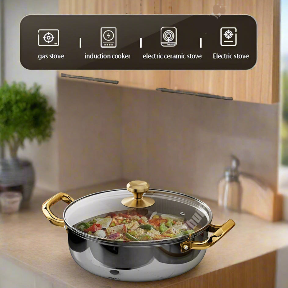 Stainless steel pot on a stove with kitchen background