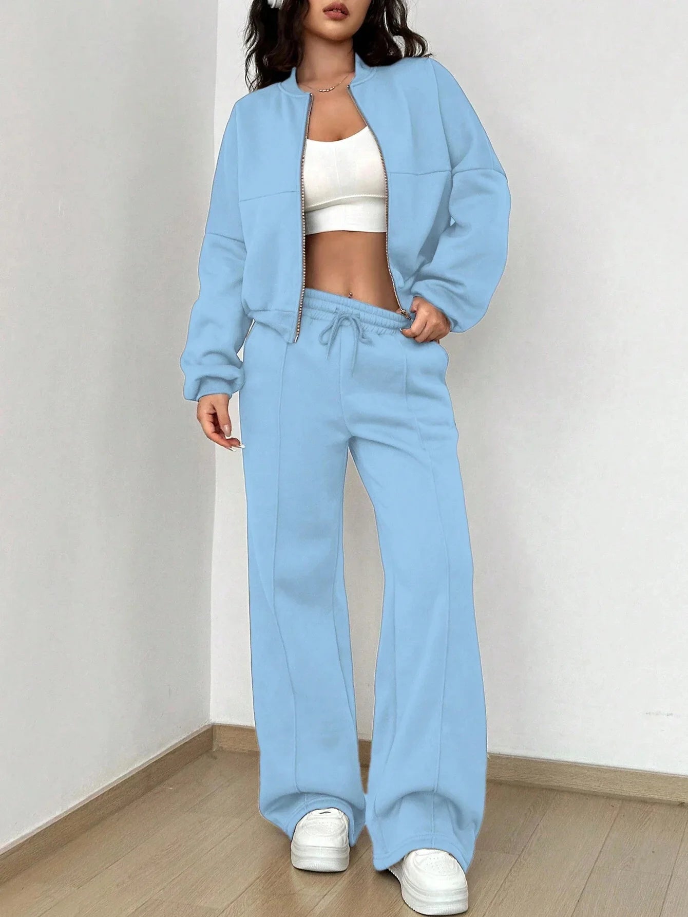 Women’s Casual Matching Tracksuit Set – Zipper Cardigan & Wide-Leg Drawstring Pants