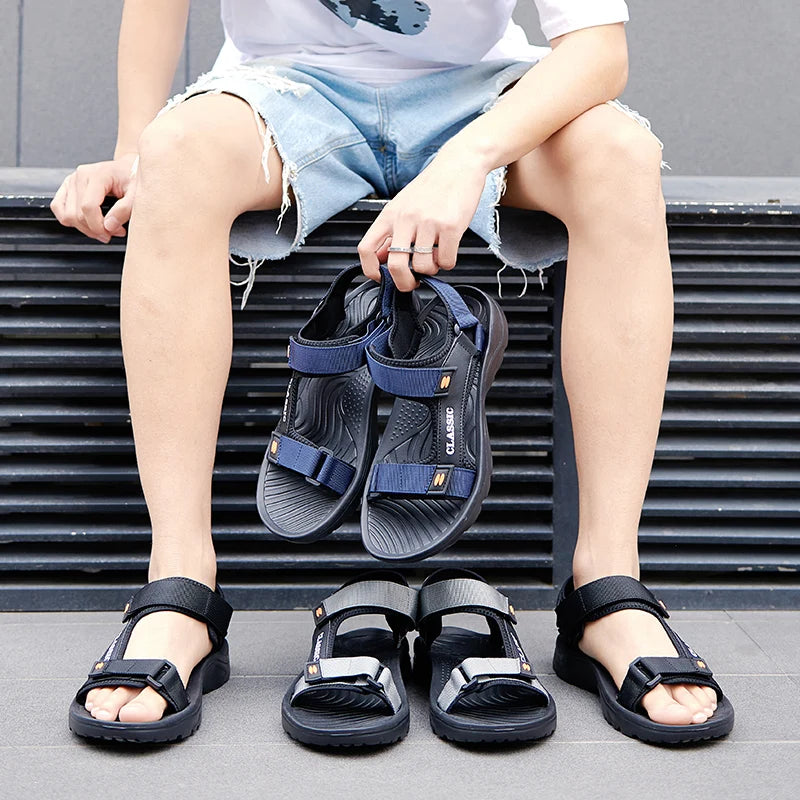Men’s Summer Outdoor Sandals – Classic PU Beach Shoes with Hook & Loop Closure
