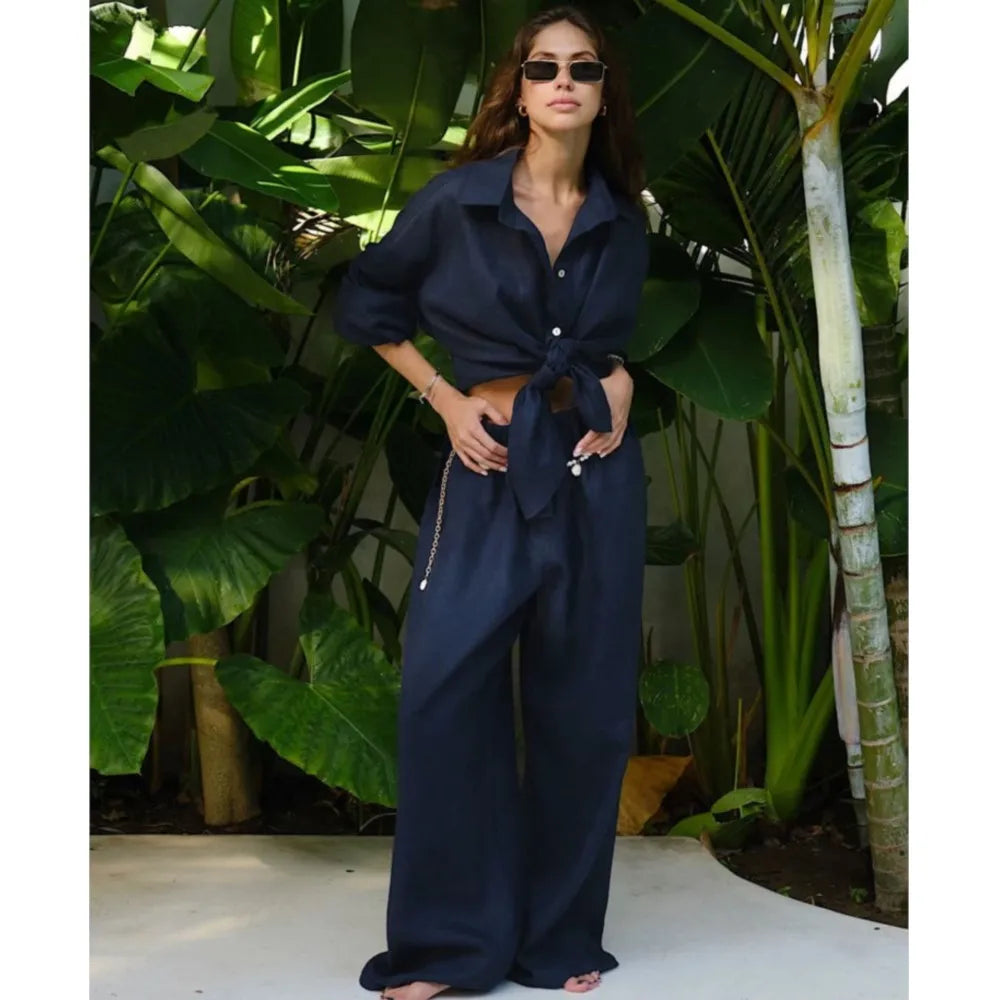 Women’s Cotton Shirt & Wide-Leg Pants Set – Casual Office Style for Spring/Summer