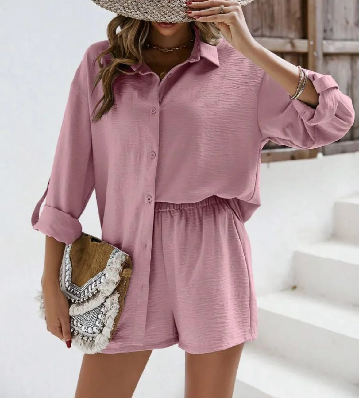 Spring Shirt and Shorts Set – Solid Colour Lapel Top with High-Waist Elastic Shorts