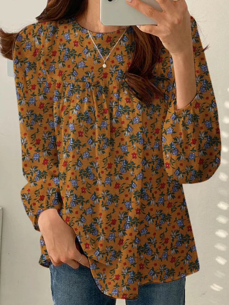 Floral Cotton Blouse – Bohemian Long Sleeve O-Neck Casual Shirt