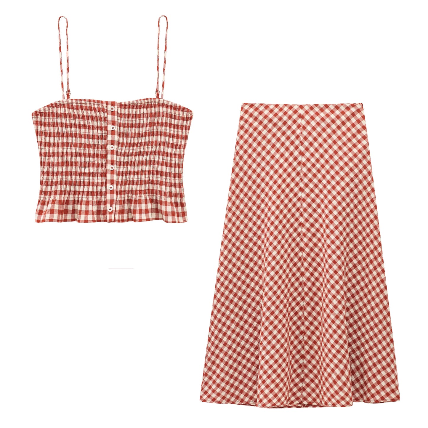 Women’s Summer Plaid Two-Piece Set – Strapless Button Crop Top & A-Line Skirt