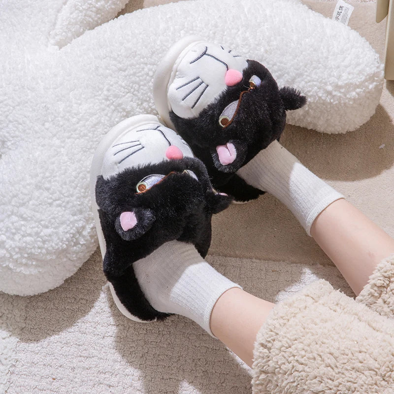 Women's Cat Plush Winter Slippers Indoor Furry House Shoes with Embroidered Face