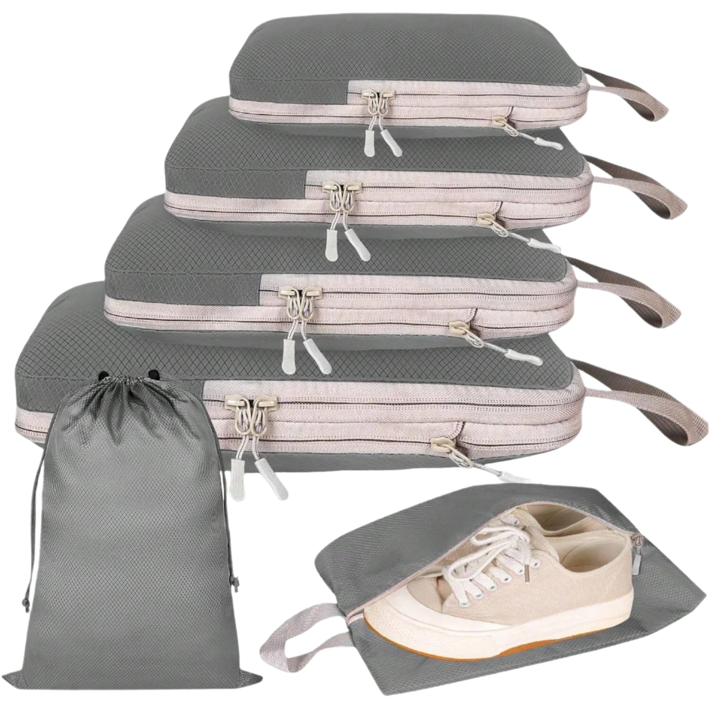 A set of four beige travel packing cubes of various sizes with zipper closure, alongside a portable handbag. The cubes are shown in different configurations to demonstrate their expandable and compressible features.