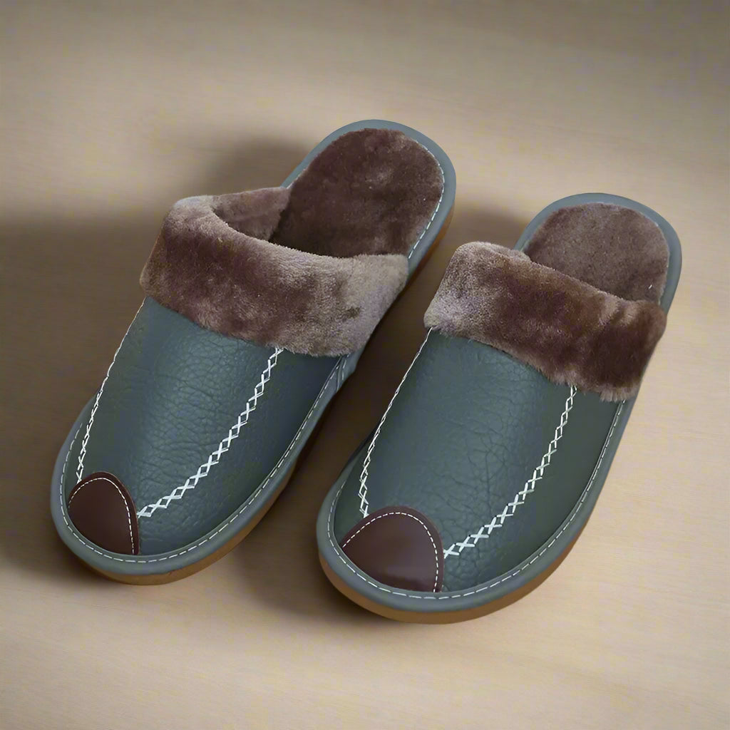 Men's Waterproof Winter Slippers – Indoor Fur-Lined, Non-Slip, Warm Home Shoes