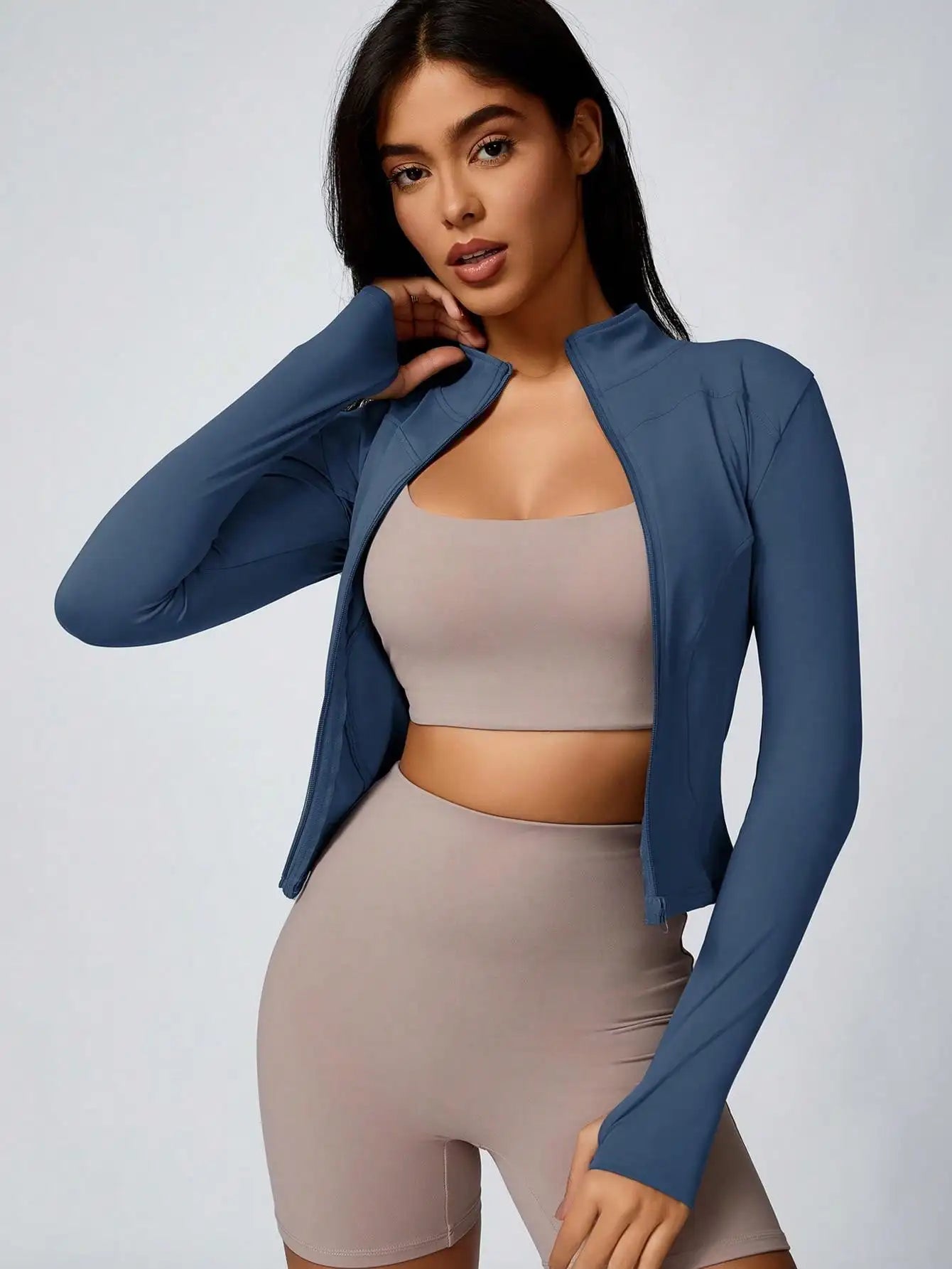 Women’s Zip-Up Sports Jacket – Slim Fit Turtleneck Long Sleeve Activewear Top