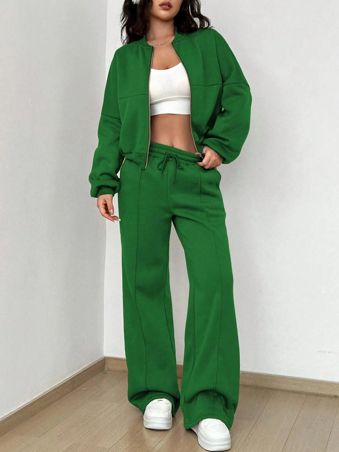 Women’s Casual Matching Tracksuit Set – Zipper Cardigan & Wide-Leg Drawstring Pants