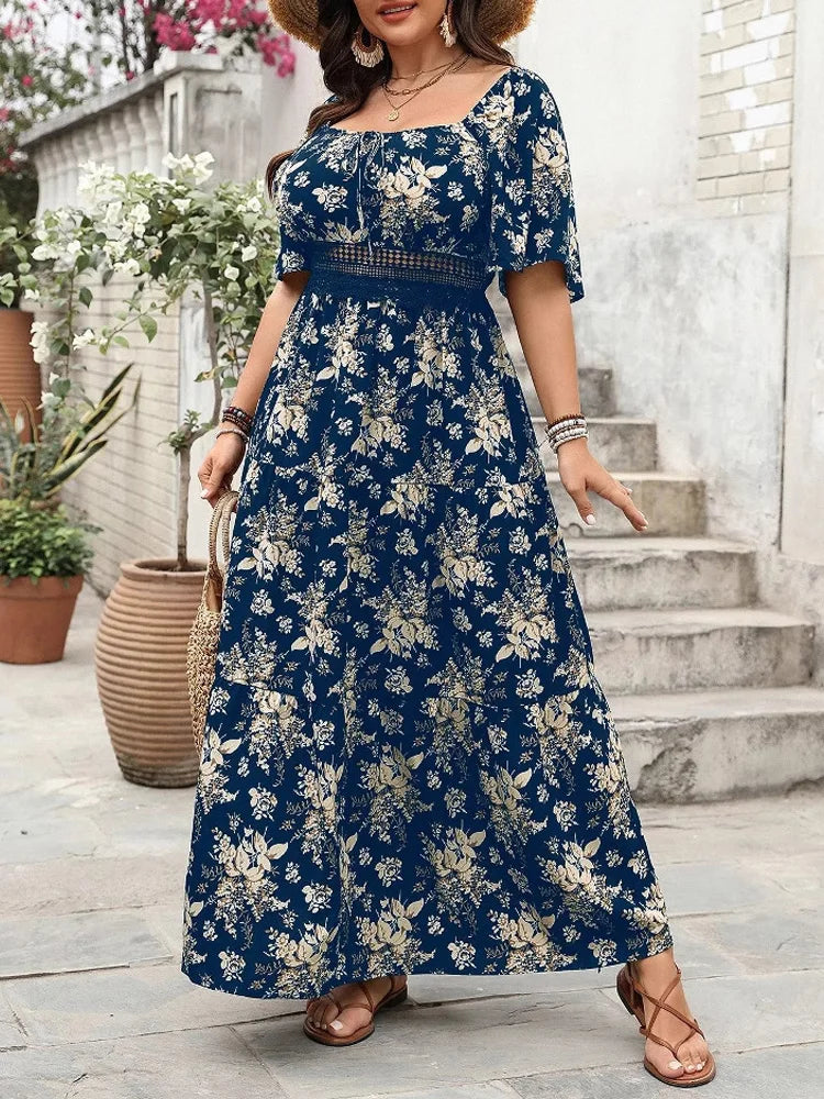 Plus Size Boho Floral Maxi Dress – Elegant Square Neck | Knot Front