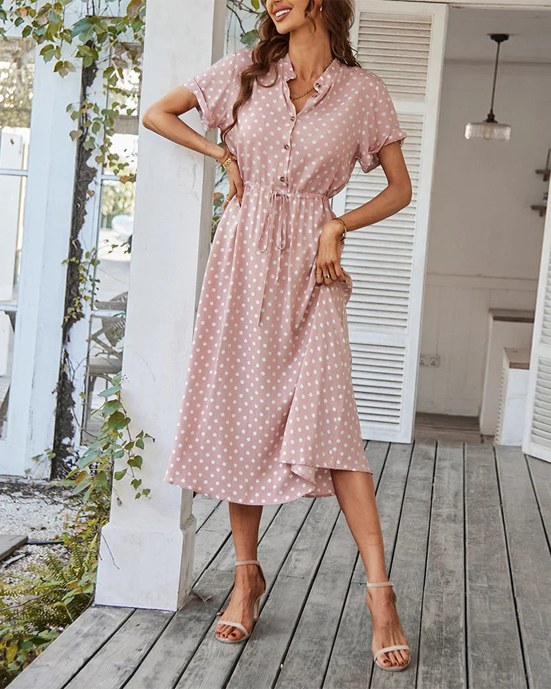 Ladies Polka Dot Print Shirt Dress – Casual Summer Midi Sundress