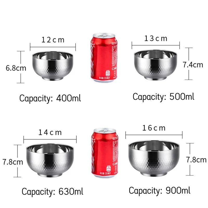Set of four stainless steel bowls with dimensions and capacities shown next to Coca-Cola cans.
