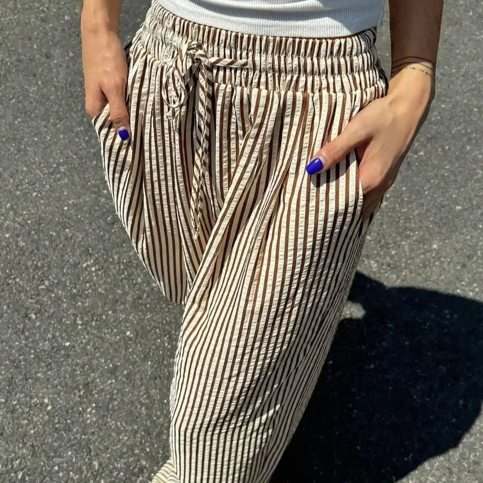 Striped Wide-Leg Pants – Casual Drawstring Jersey Trousers with Pockets for Women