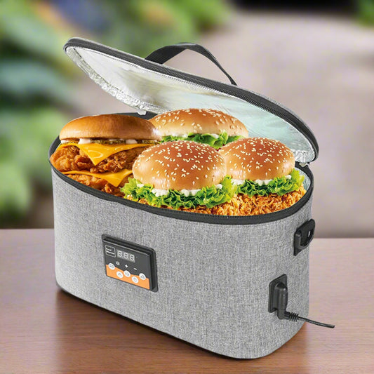 An 8L portable digital baby bottle & food warmer with a grey exterior, digital temperature control display, and carry handle. It is shown with food inside, indicating its use on the go.