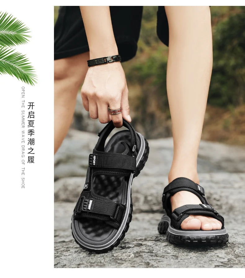 Men’s Outdoor Leather Sandals – Breathable Hiking Shoes with Elastic Strap