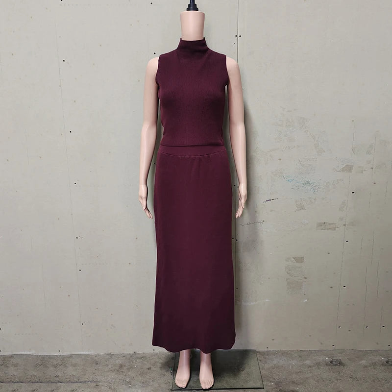 Elegant Knitted Two-Piece Set – Sleeveless Turtleneck Vest & High Waist Skirt