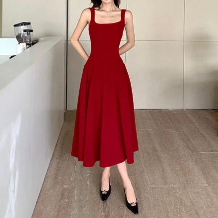 Women's A-Line Midi Dress – Vintage Square Collar, Sleeveless Party Dress