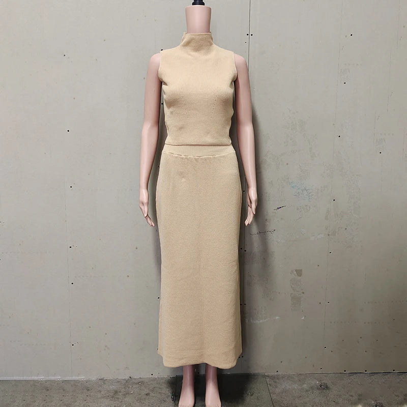 Elegant Knitted Two-Piece Set – Sleeveless Turtleneck Vest & High Waist Skirt