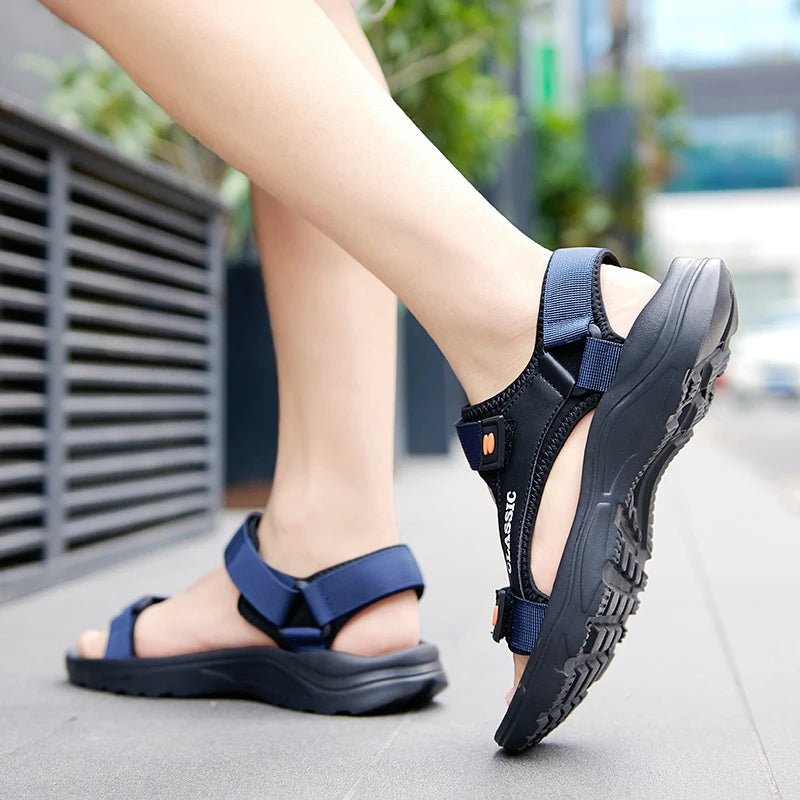 Men’s Summer Outdoor Sandals – Classic PU Beach Shoes with Hook & Loop Closure