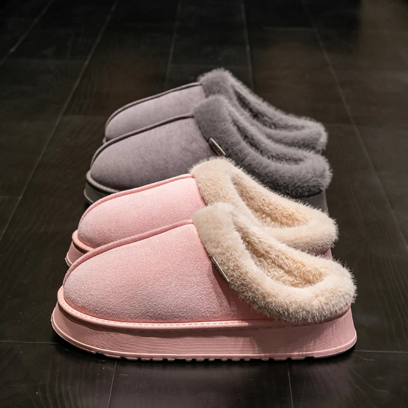 Winter Indoor Slippers Thick Sole Faux Suede Anti-Slip House Shoes Plush Lining