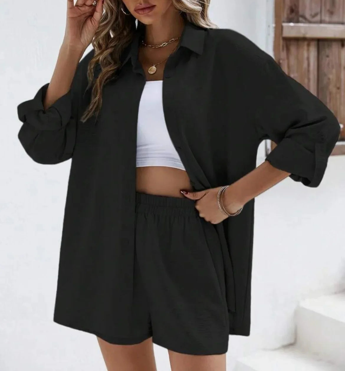 Spring Shirt and Shorts Set – Solid Colour Lapel Top with High-Waist Elastic Shorts